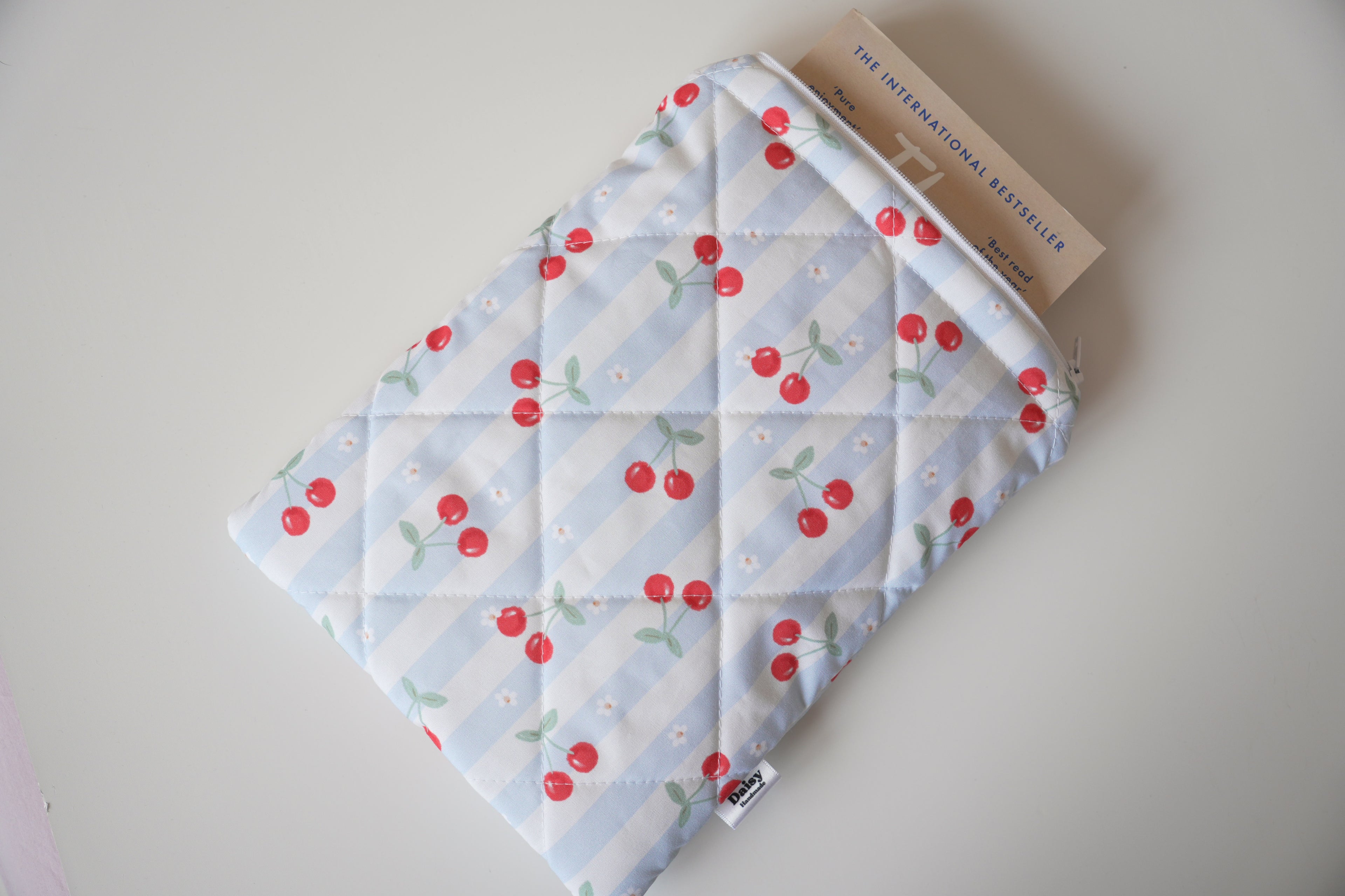 Quilted blue cherry stripe book sleeve