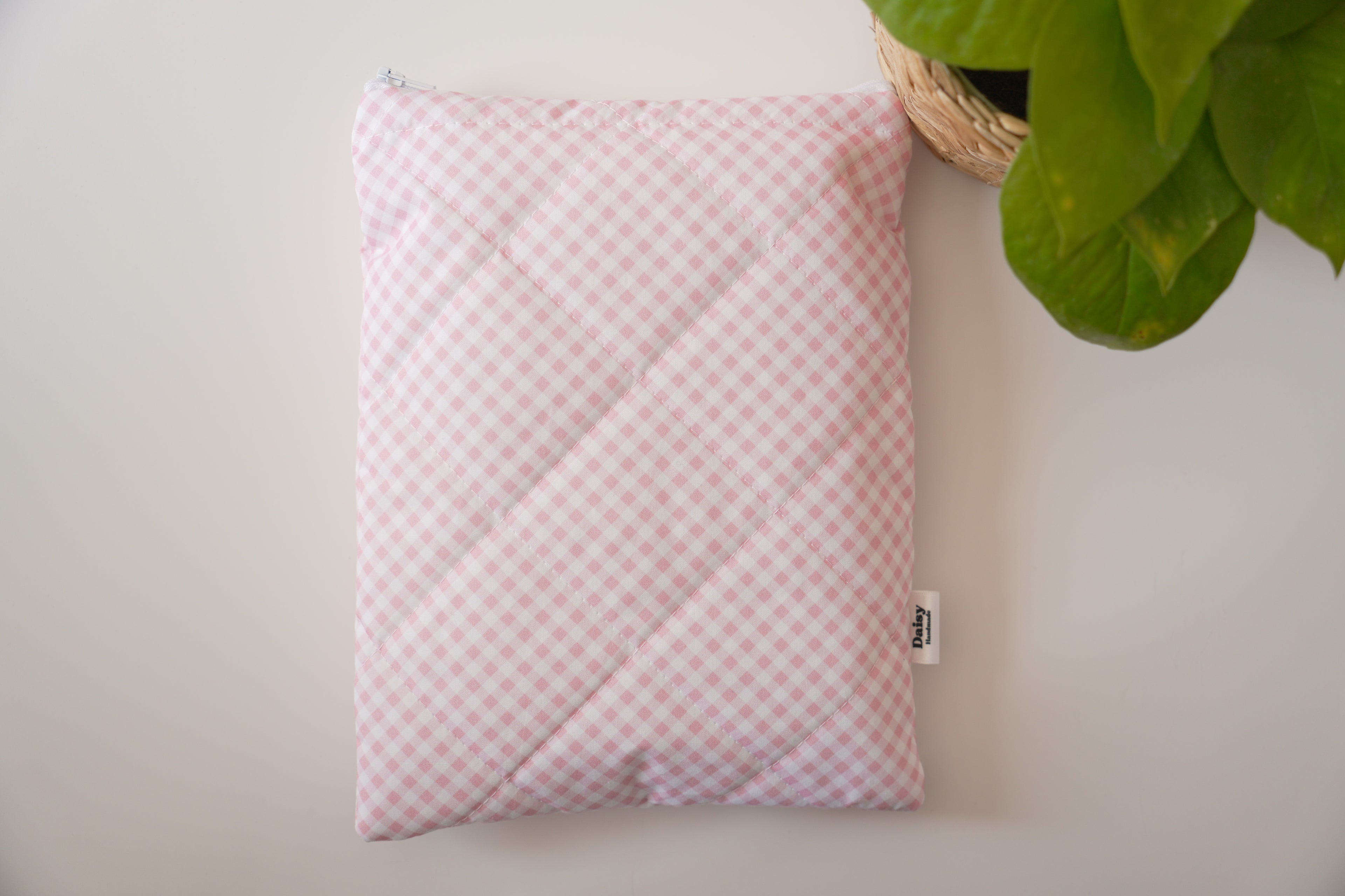Quilted pink diagonal gingham book sleeve