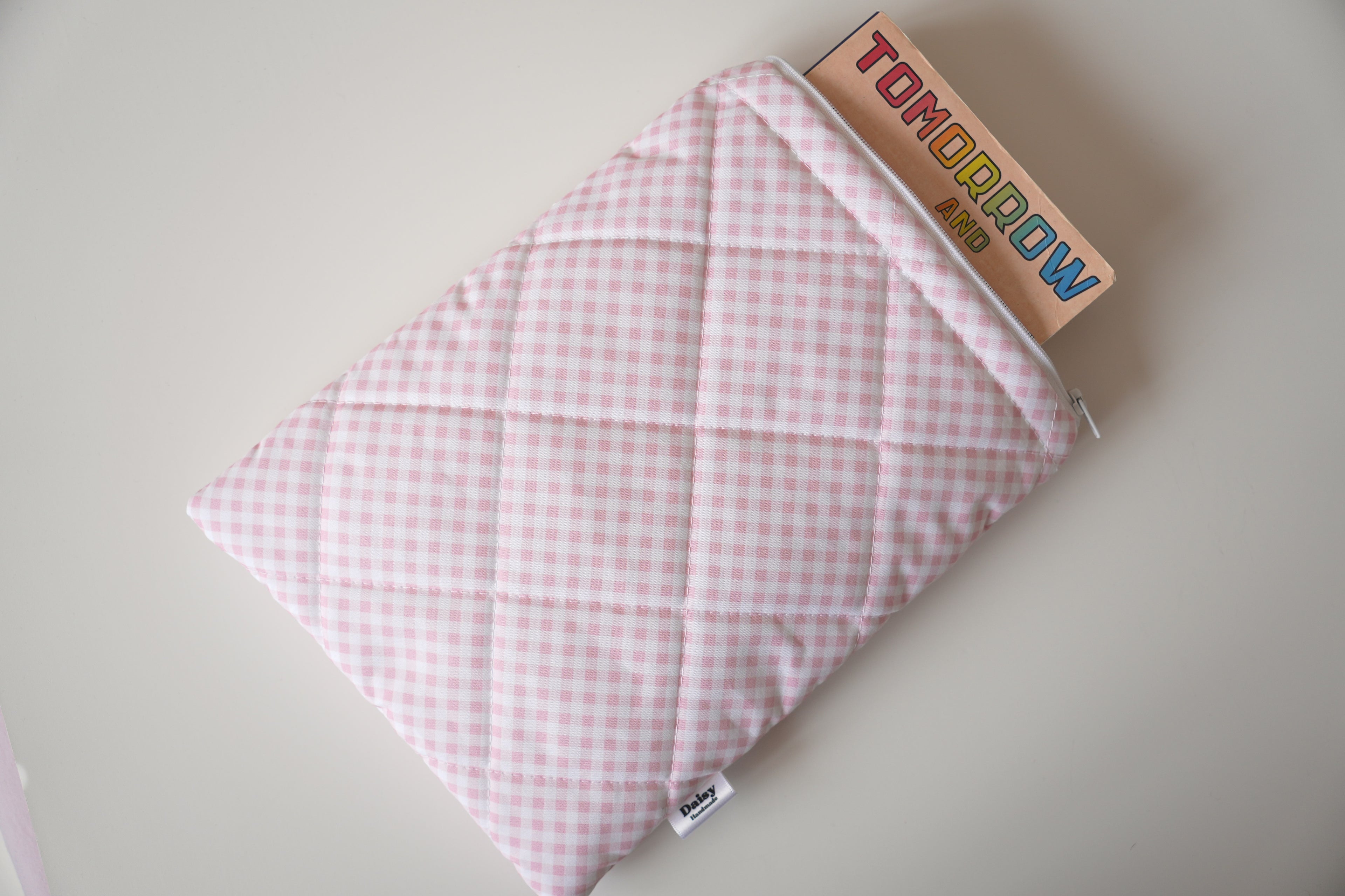 Quilted pink diagonal gingham book sleeve