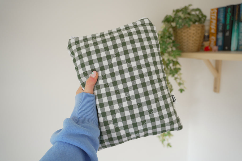 Quilted Forest green gingham book sleeve