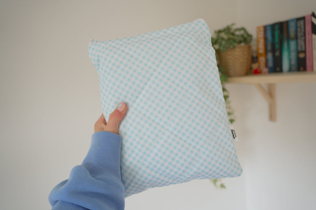 Quilted light blue diagonal gingham book sleeve