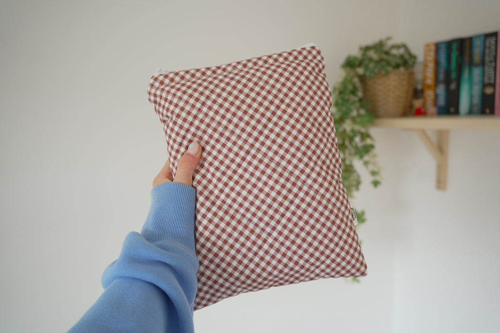 Quilted brown diagonal gingham book sleeve