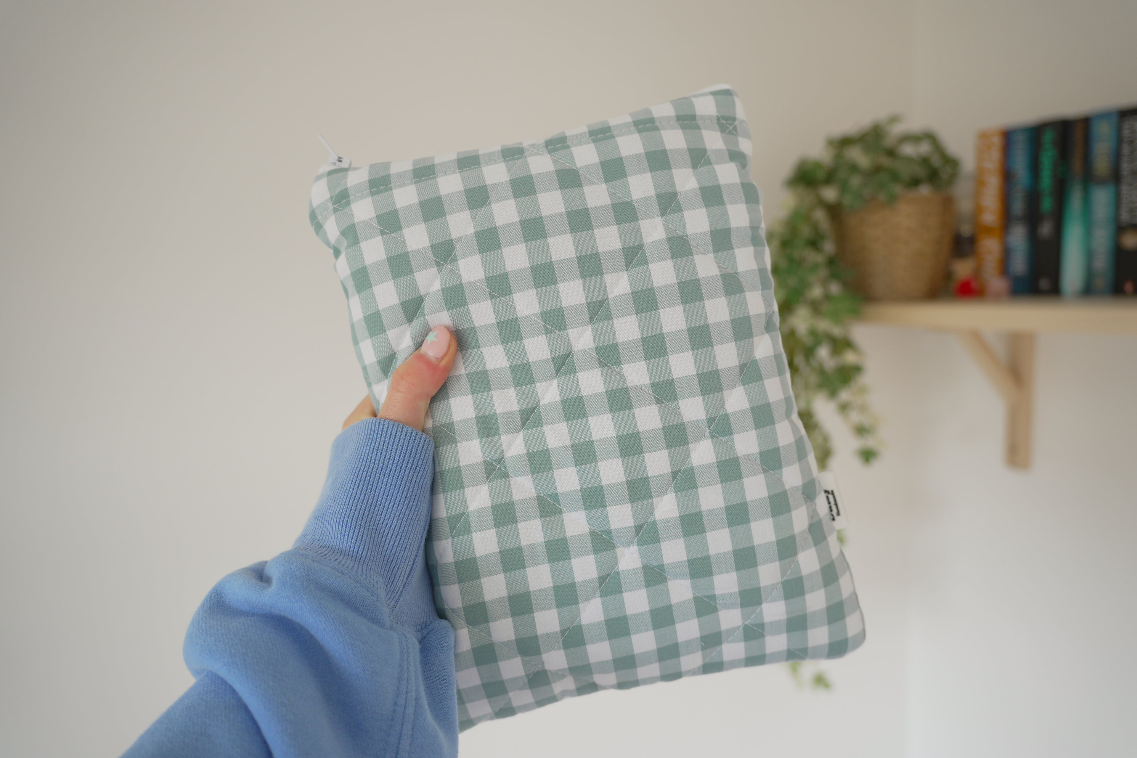 Quilted duck egg blue gingham book sleeve