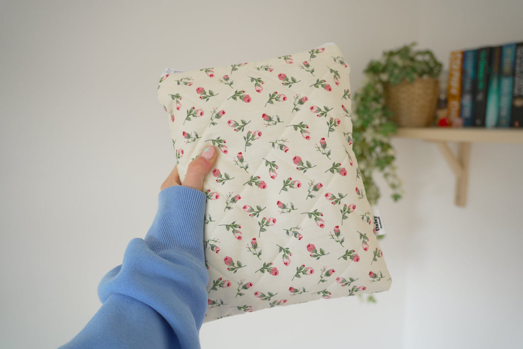 Quilted Ivory rose buds book sleeve
