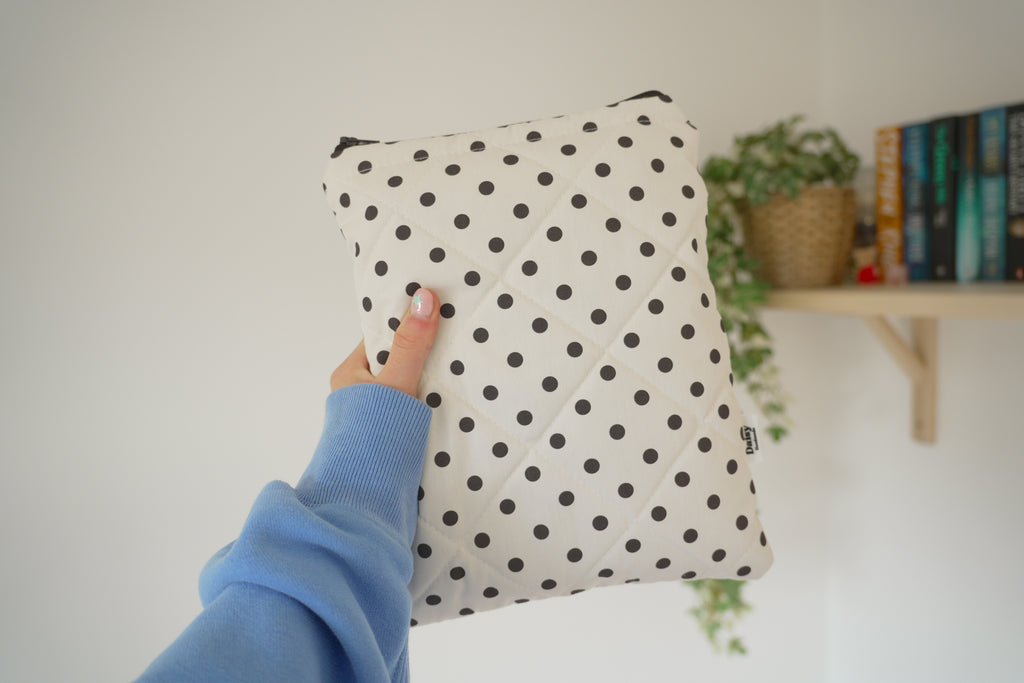 Quilted ivory and brown polka dot book sleeve