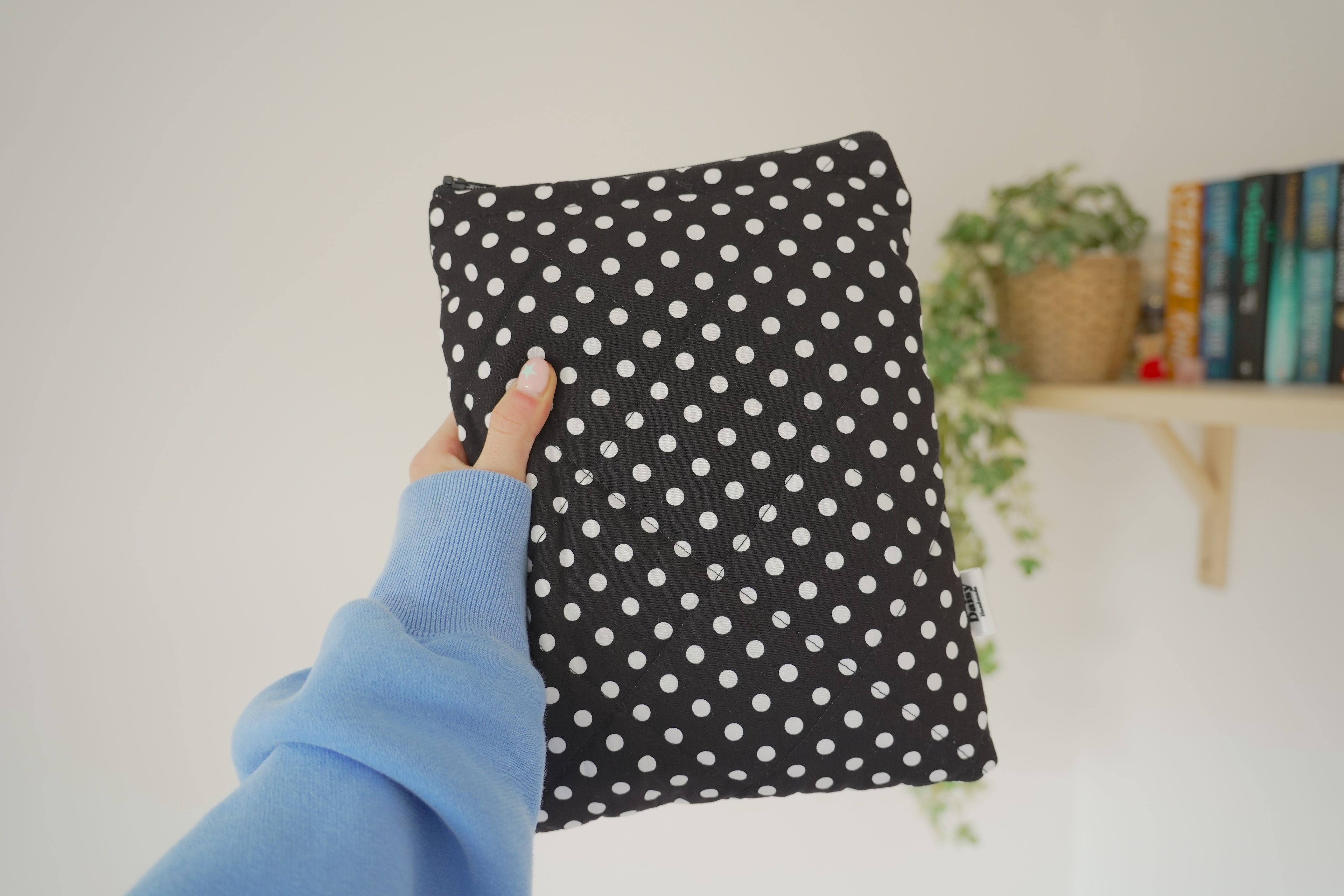 Quilted black polka dot book sleeve