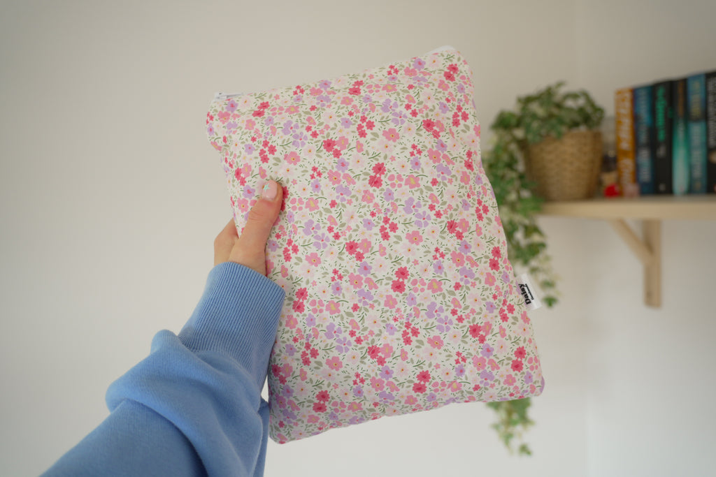 Quilted pink and purple floral book sleeve