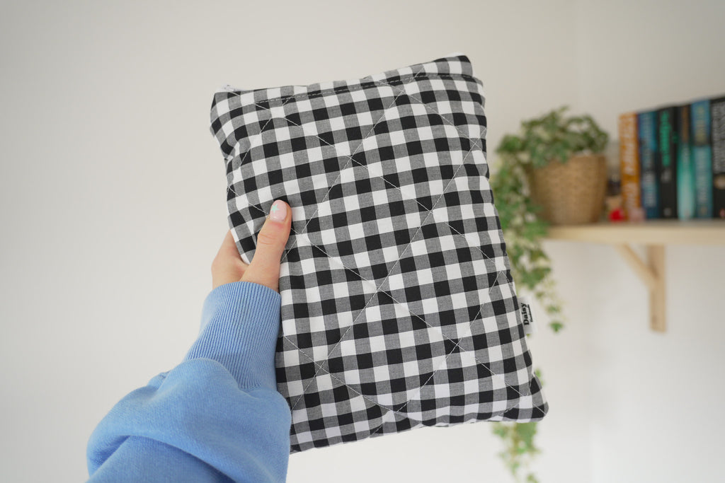 Quilted black gingham book sleeve