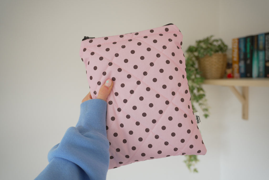 Quilted pink and brown polka dot book sleeve