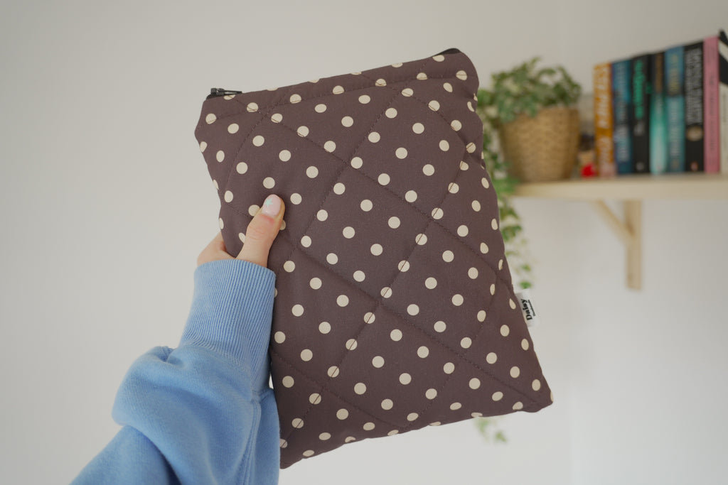 Quilted brown and yellow polka dot book sleeve