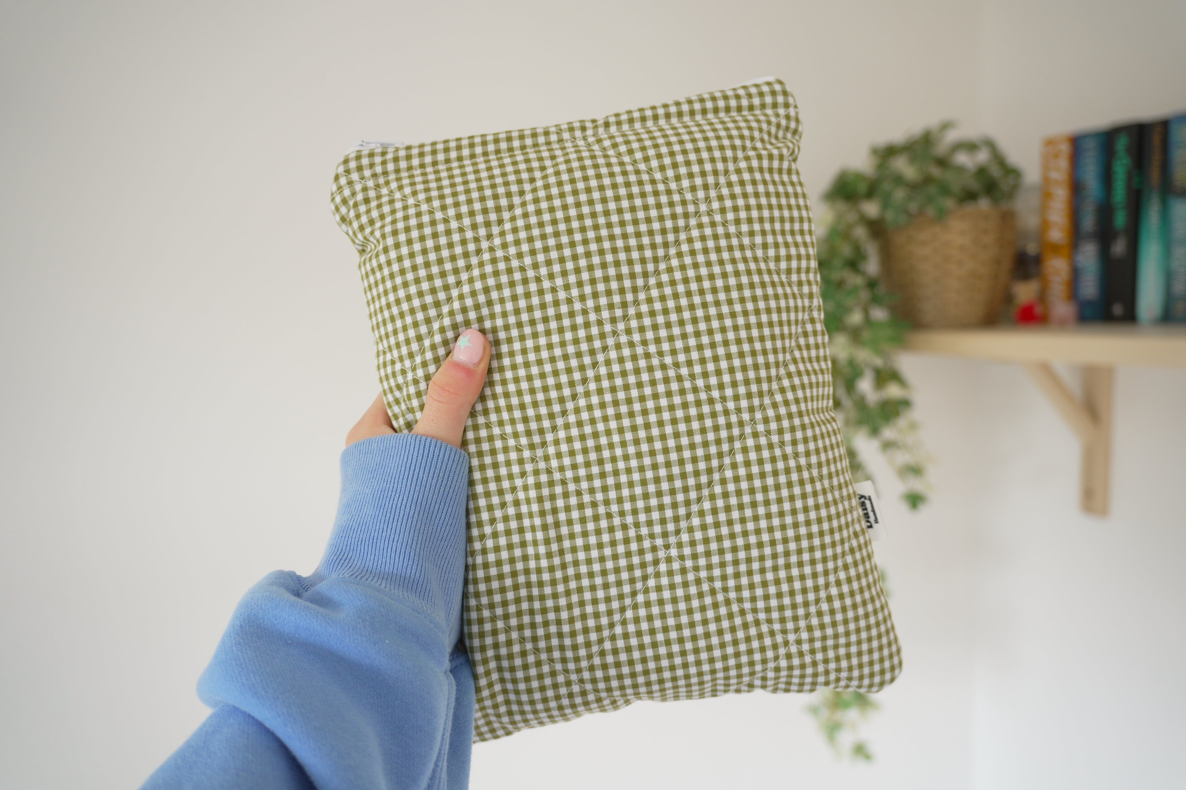 Quilted Olive green mini gingham book sleeve