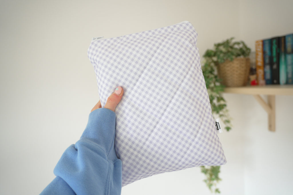 Quilted purple diagonal gingham book sleeve