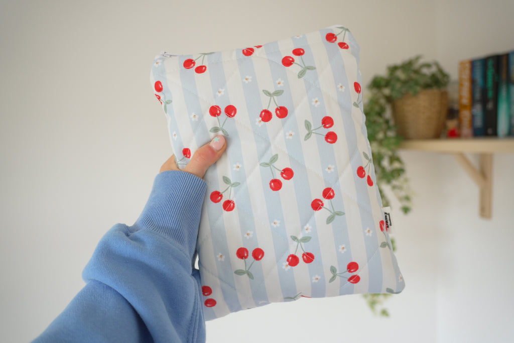 Quilted blue cherry stripe book sleeve