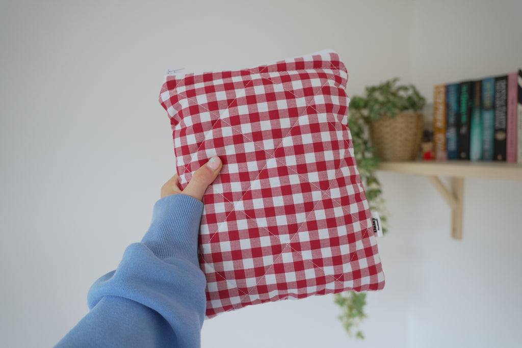 Quilted raspberry pink gingham book sleeve