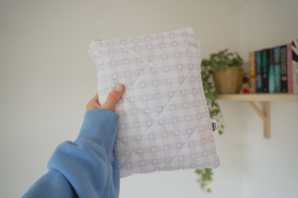 Quilted purple daisy gingham book sleeve