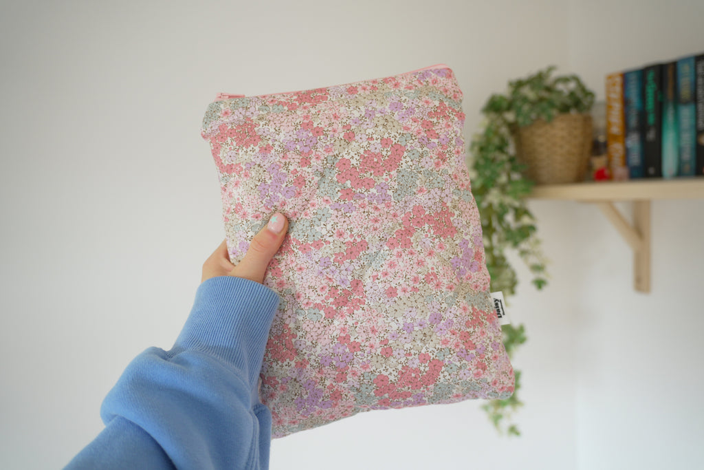 Quilted pink and teal floral book sleeve