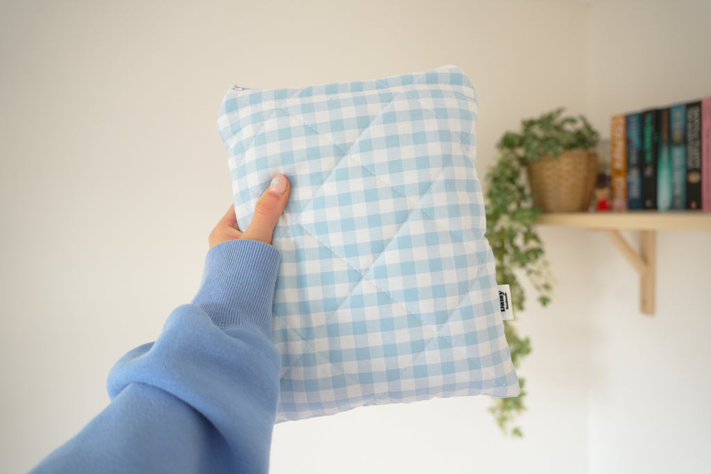 Quilted light blue gingham book sleeve