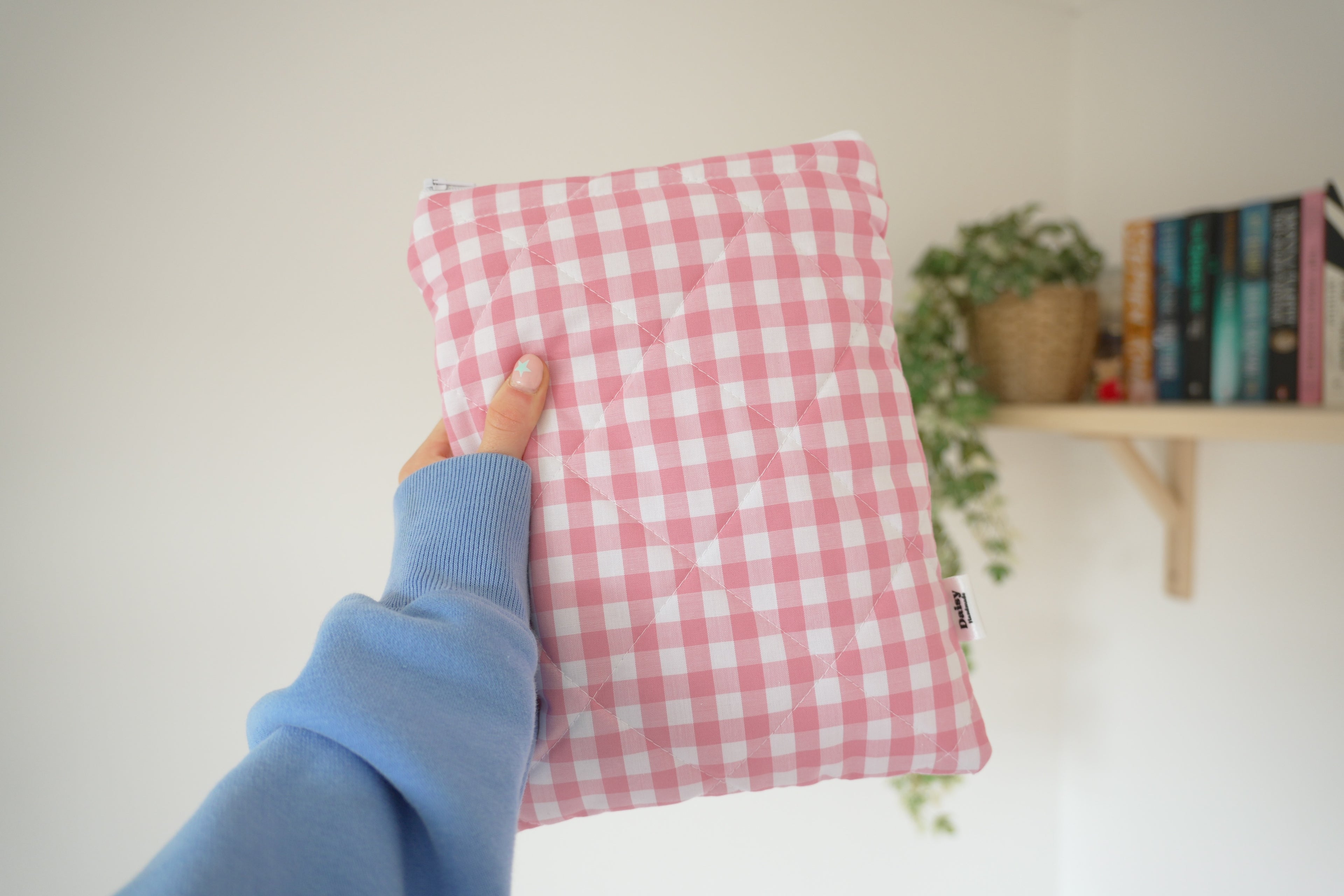 Quilted pink gingham book sleeve