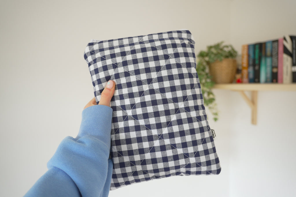Quilted navy blue gingham book sleeve