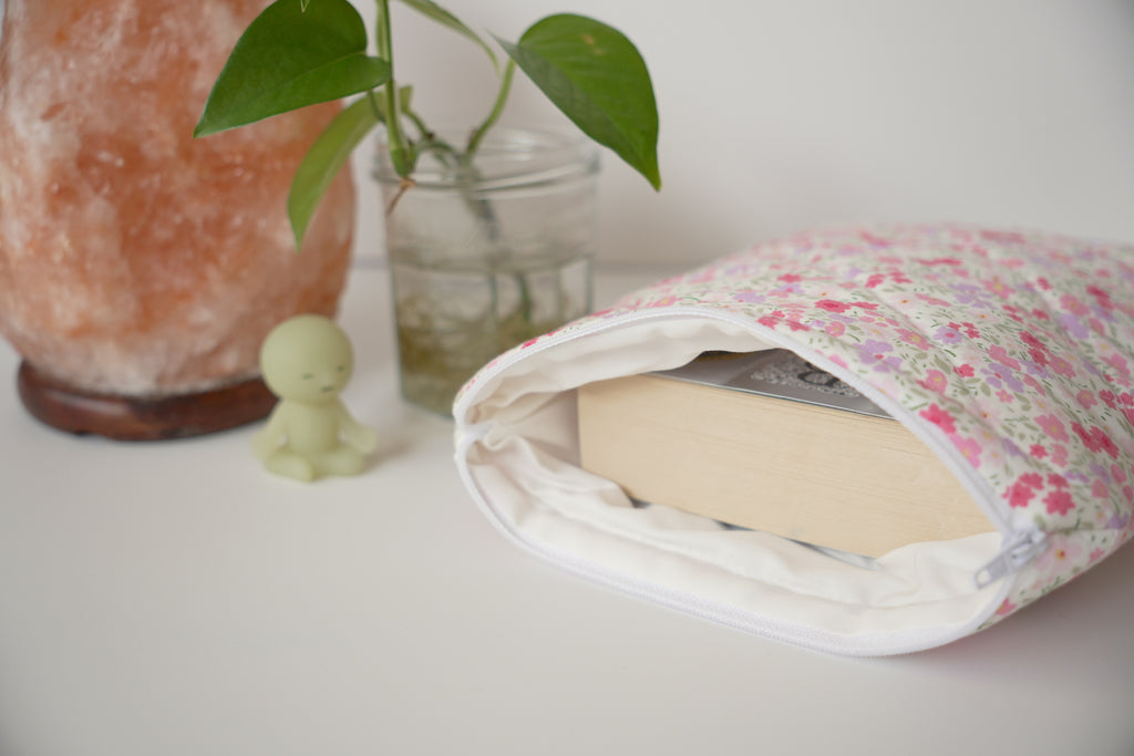 Quilted pink and purple floral book sleeve