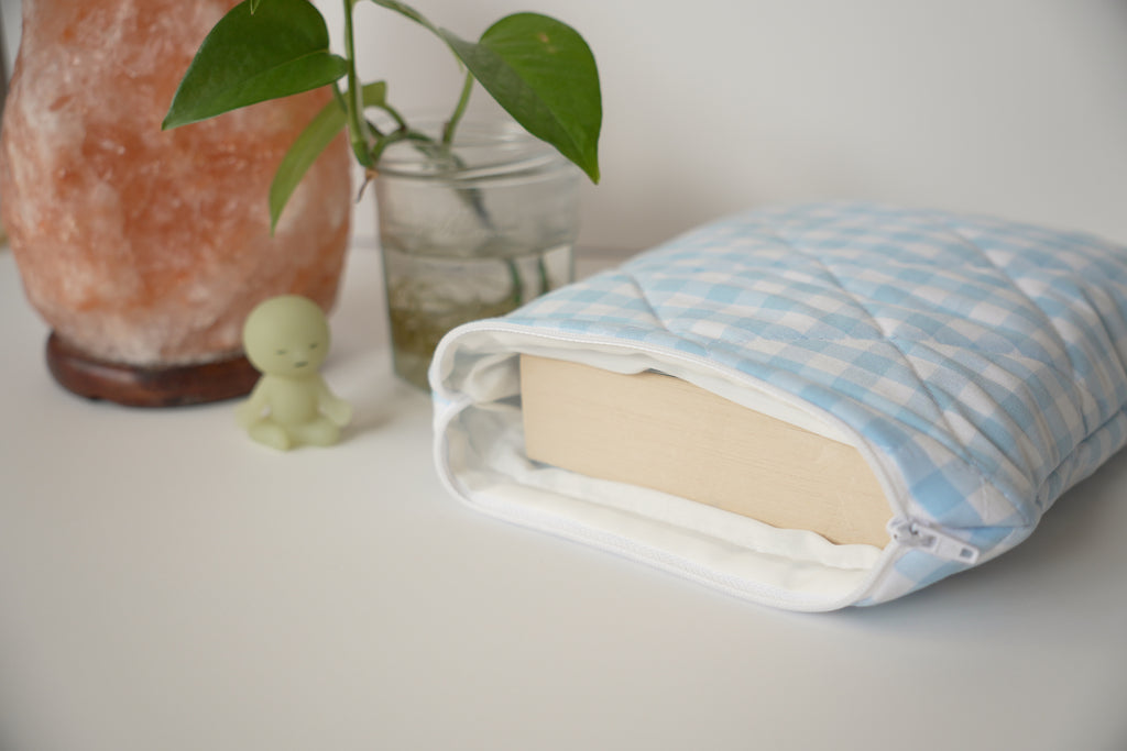 Quilted light blue gingham book sleeve