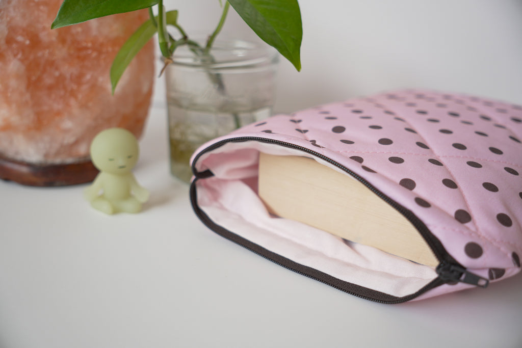 Quilted pink and brown polka dot book sleeve
