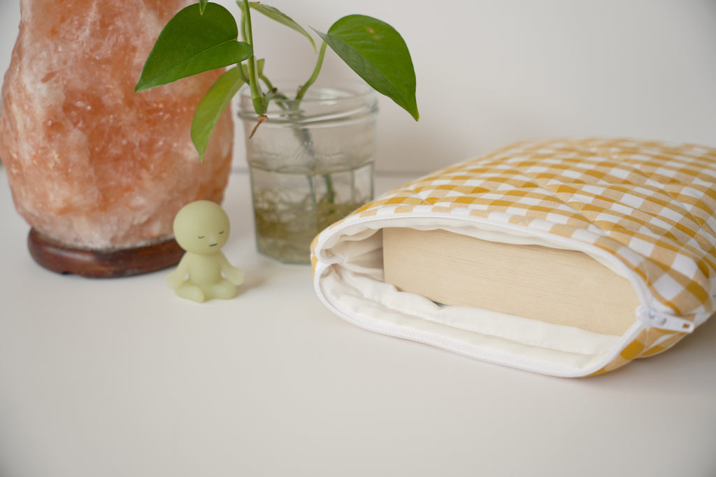Quilted mustard yellow gingham book sleeve