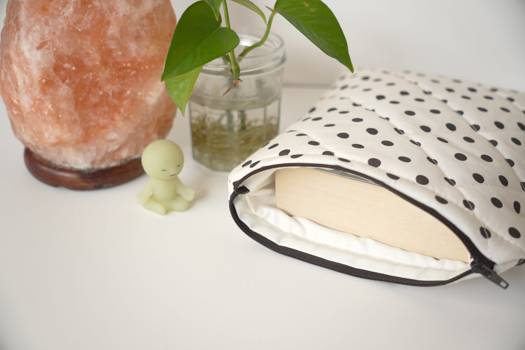 Quilted ivory and brown polka dot book sleeve