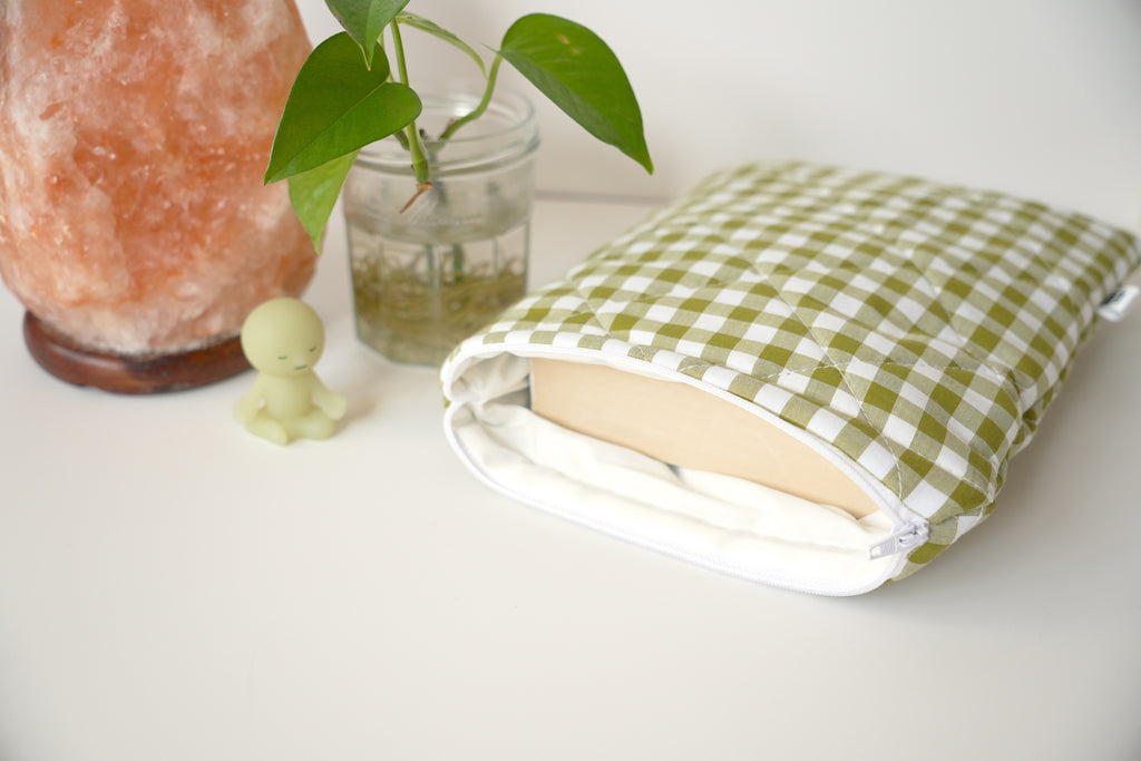 Quilted Olive green gingham book sleeve