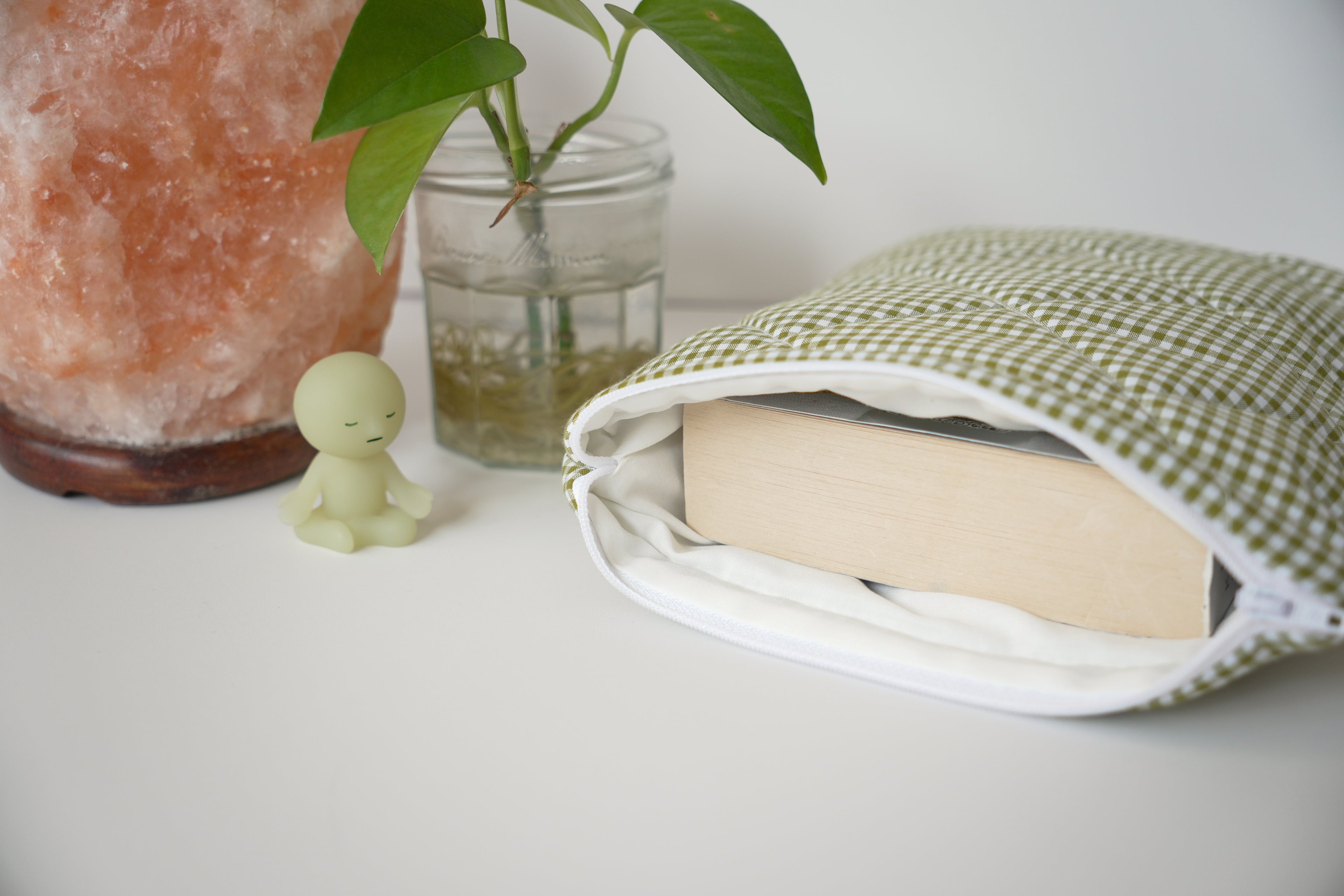 Quilted Olive green mini gingham book sleeve