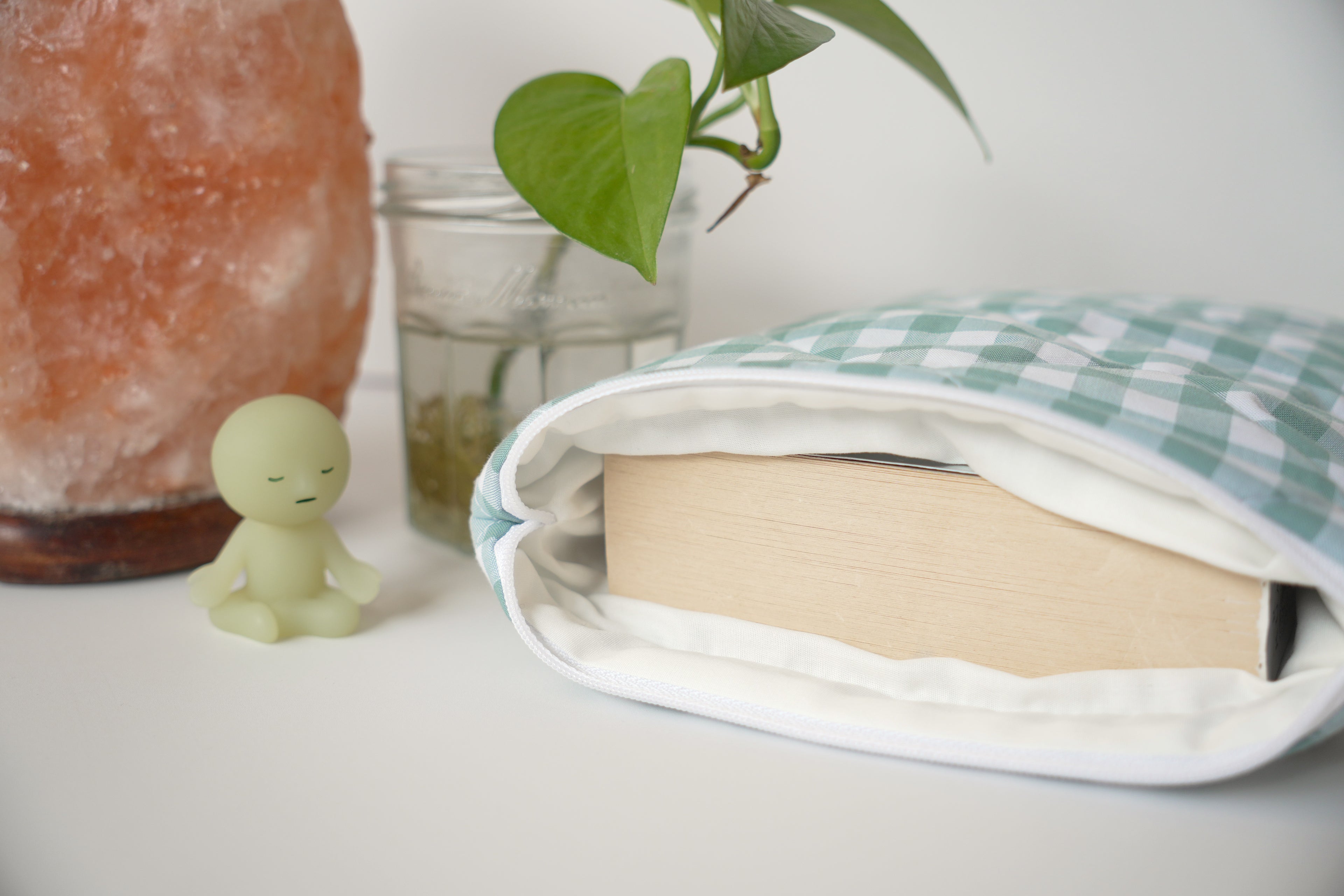 Quilted duck egg blue gingham book sleeve