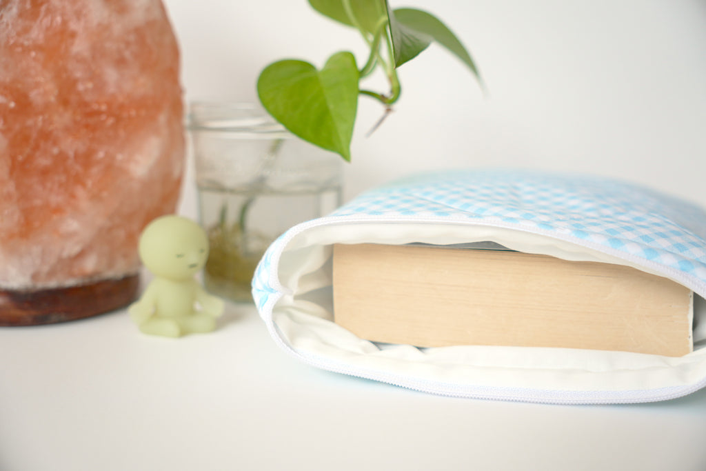 Quilted light blue diagonal gingham book sleeve