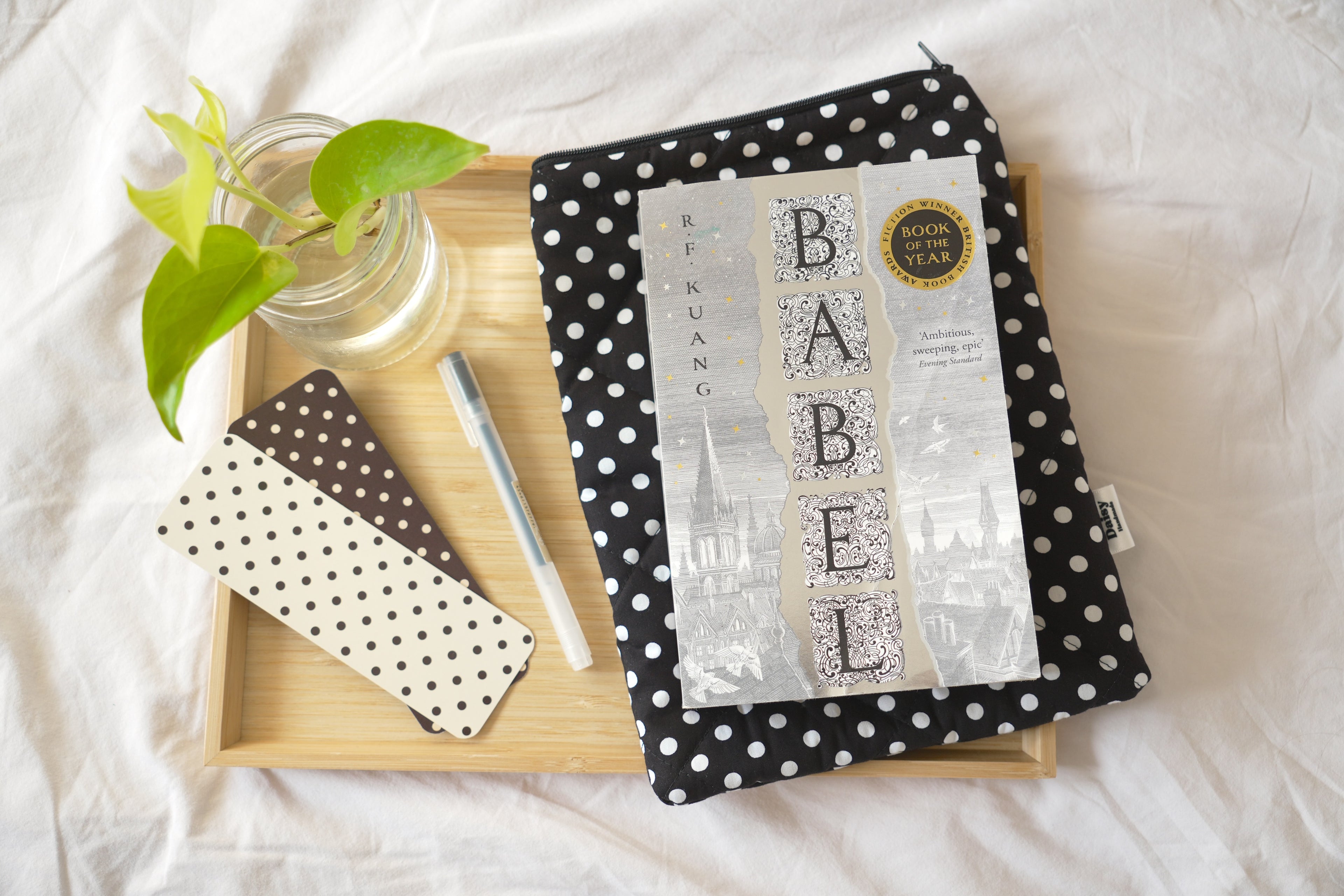 Quilted black polka dot book sleeve