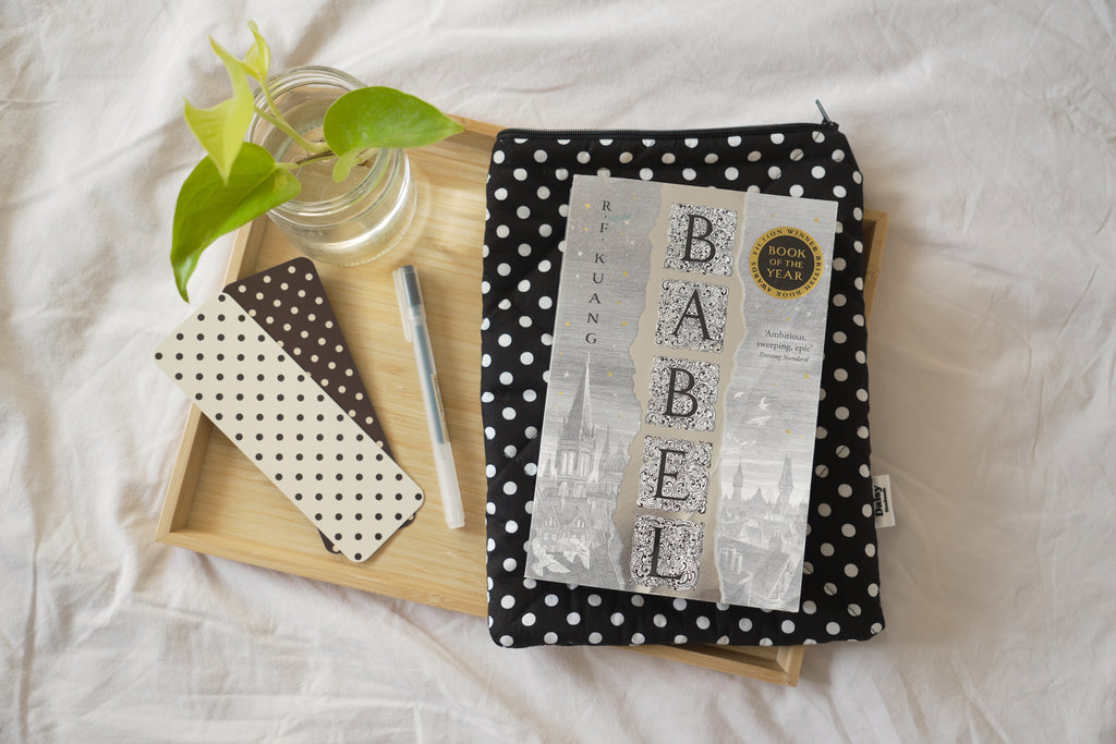 Quilted black polka dot book sleeve