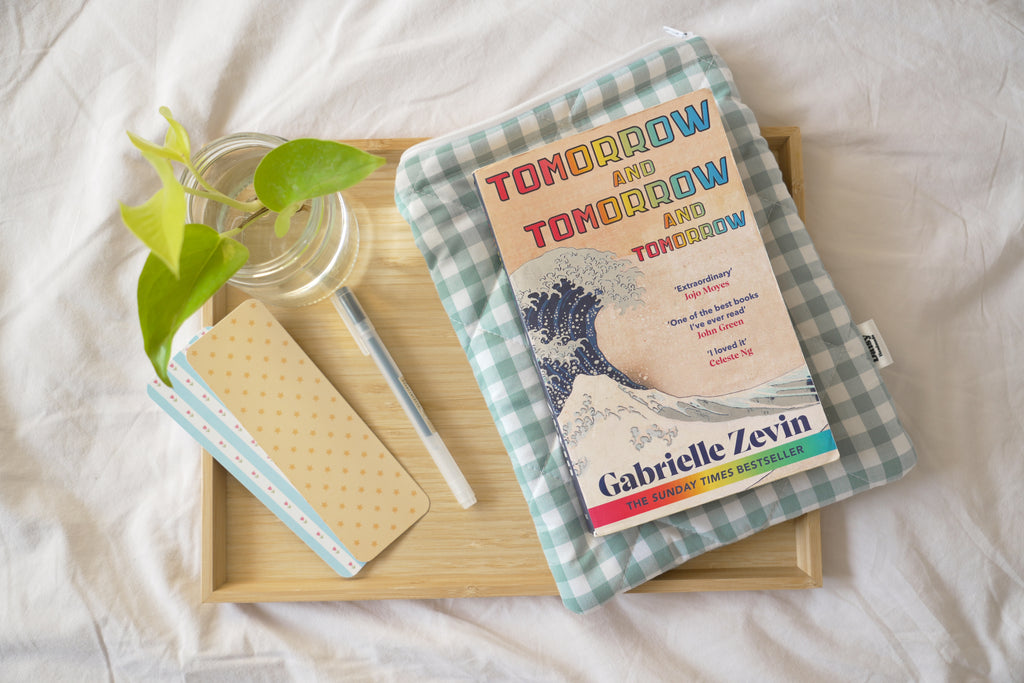 Quilted duck egg blue gingham book sleeve