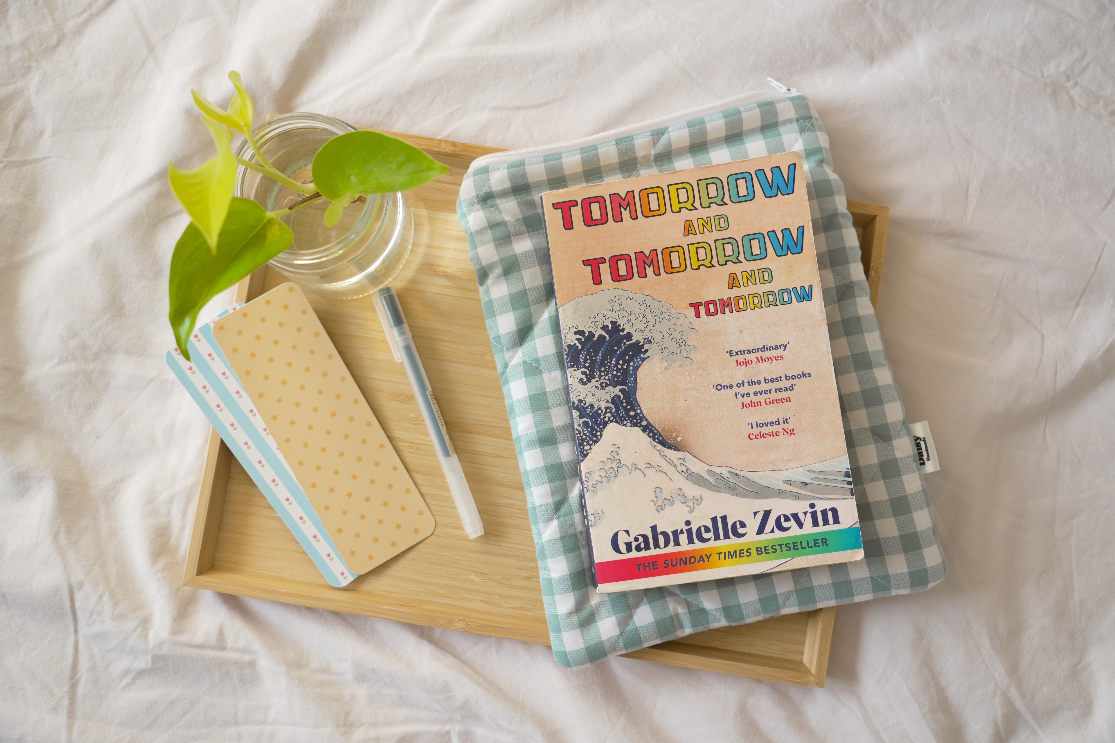 Quilted duck egg blue gingham book sleeve