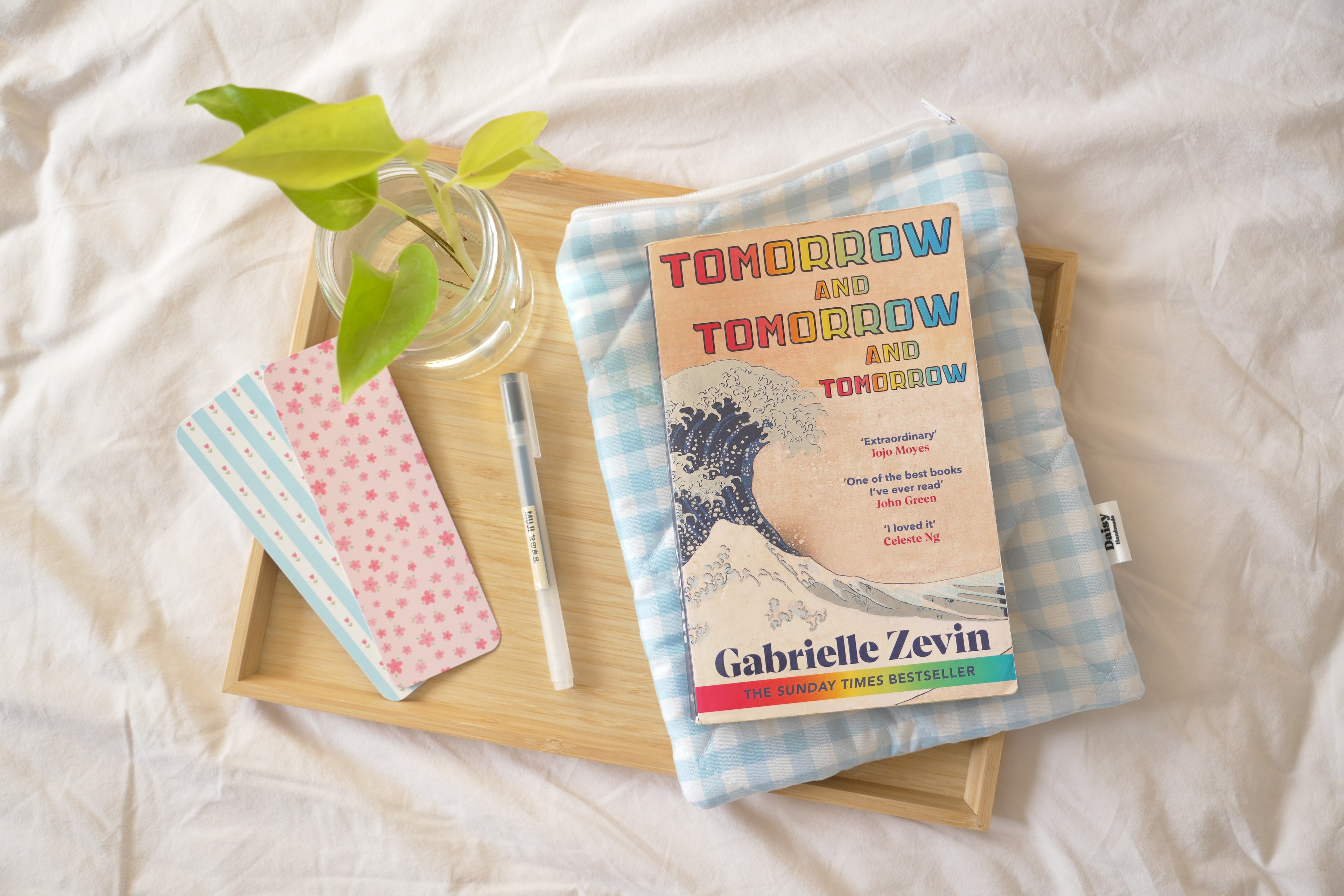 Quilted light blue gingham book sleeve
