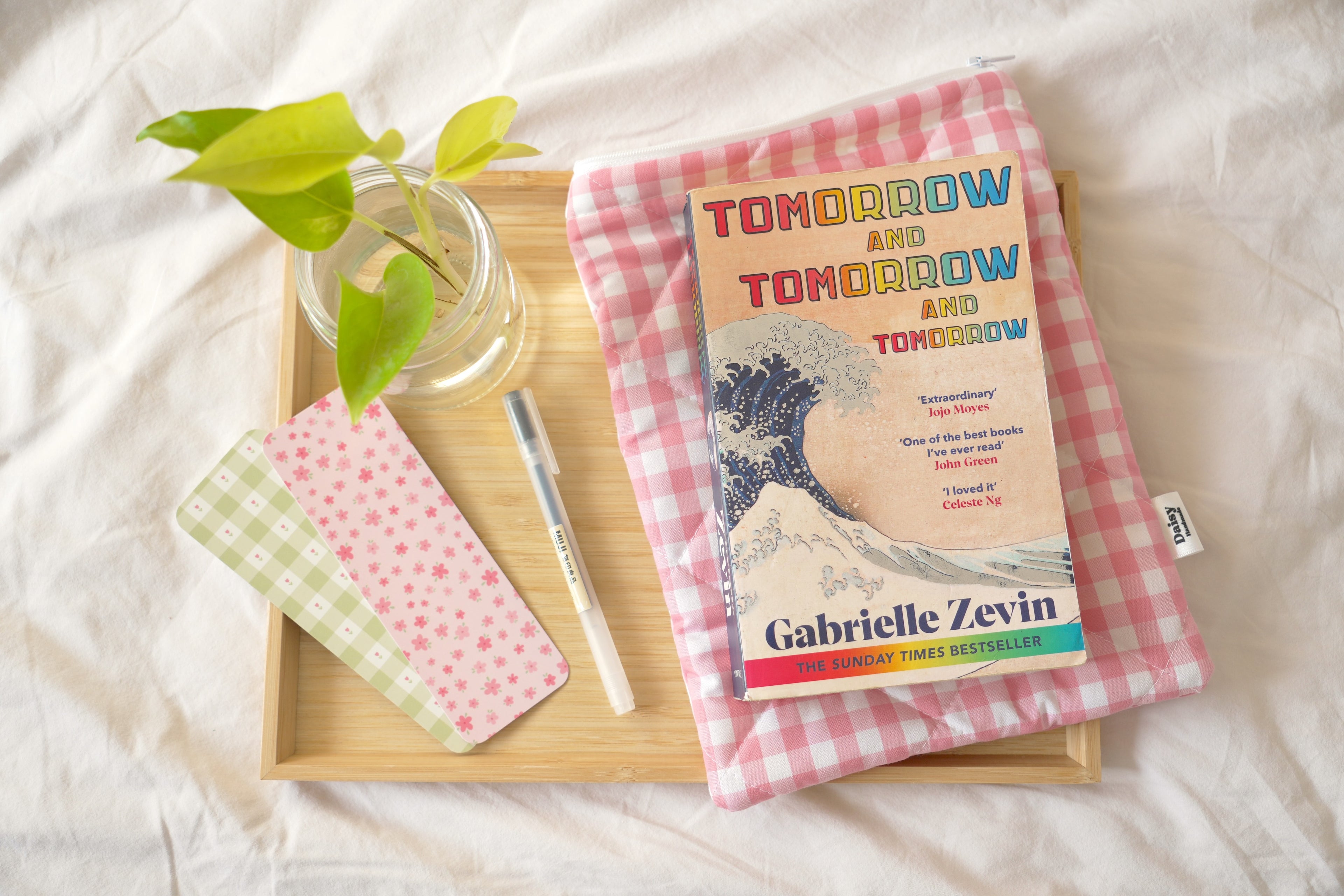 Quilted pink gingham book sleeve