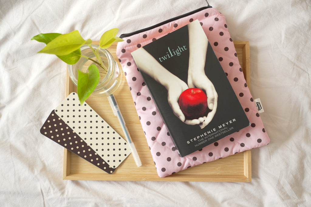 Quilted pink and brown polka dot book sleeve