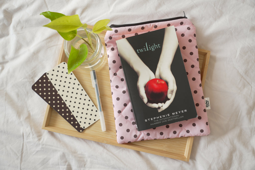 Quilted pink and brown polka dot book sleeve
