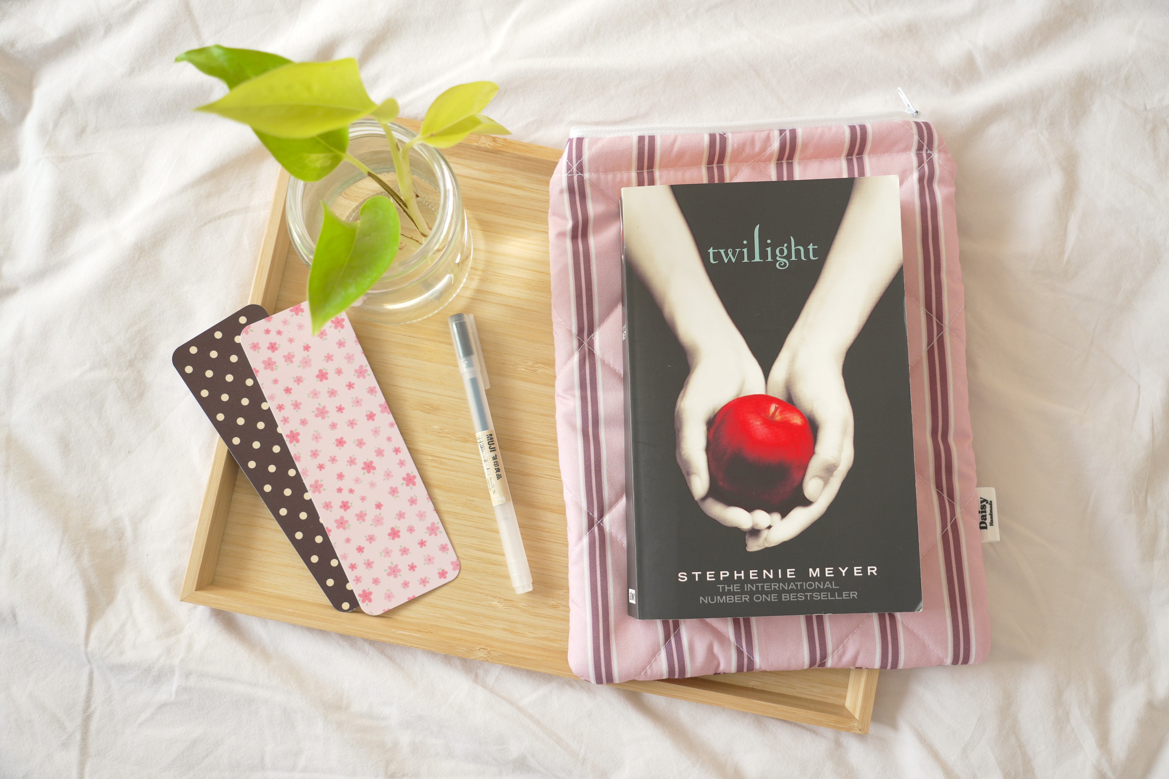 Quilted pink and maroon stripe book sleeve