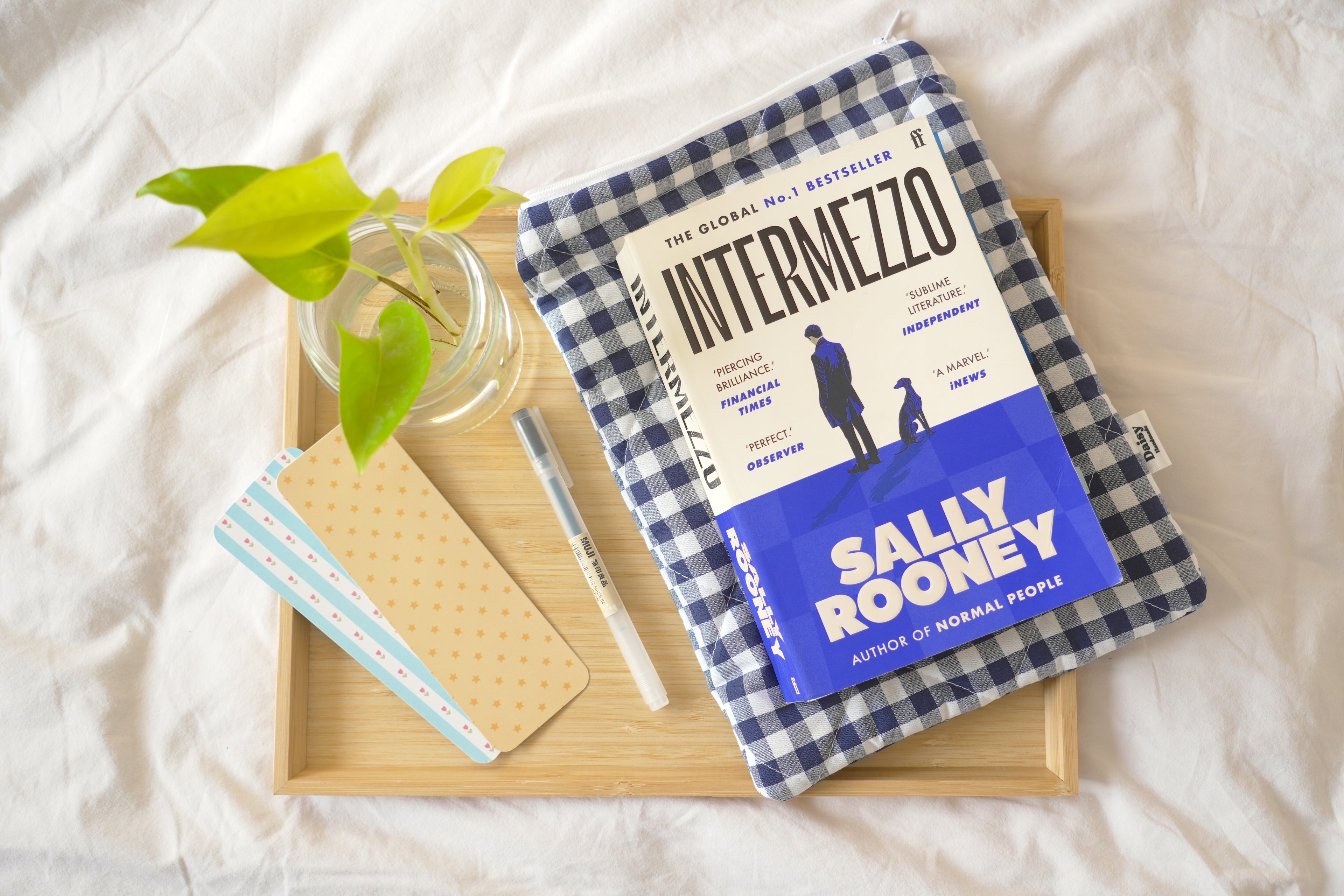 Quilted navy blue gingham book sleeve