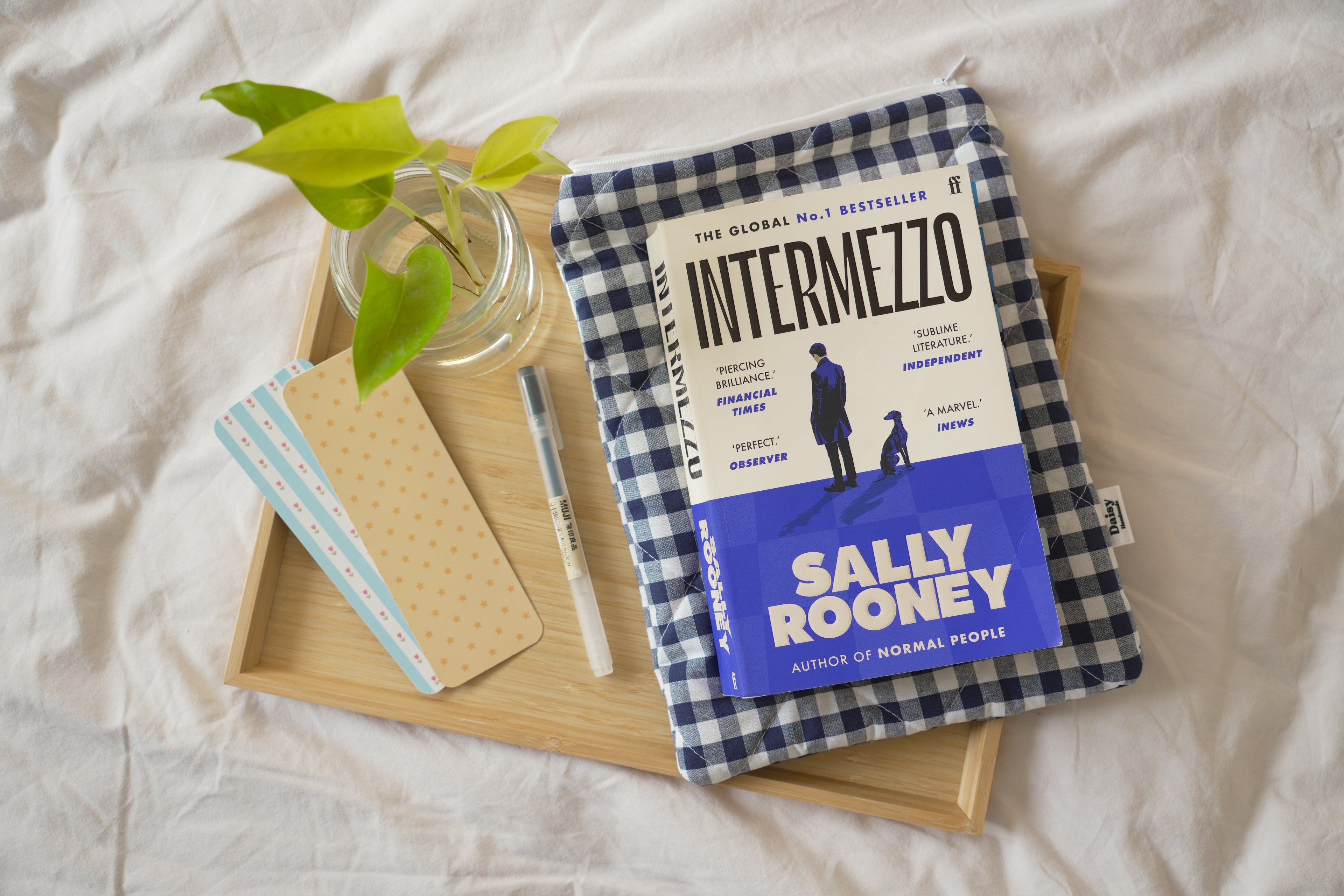 Quilted navy blue gingham book sleeve