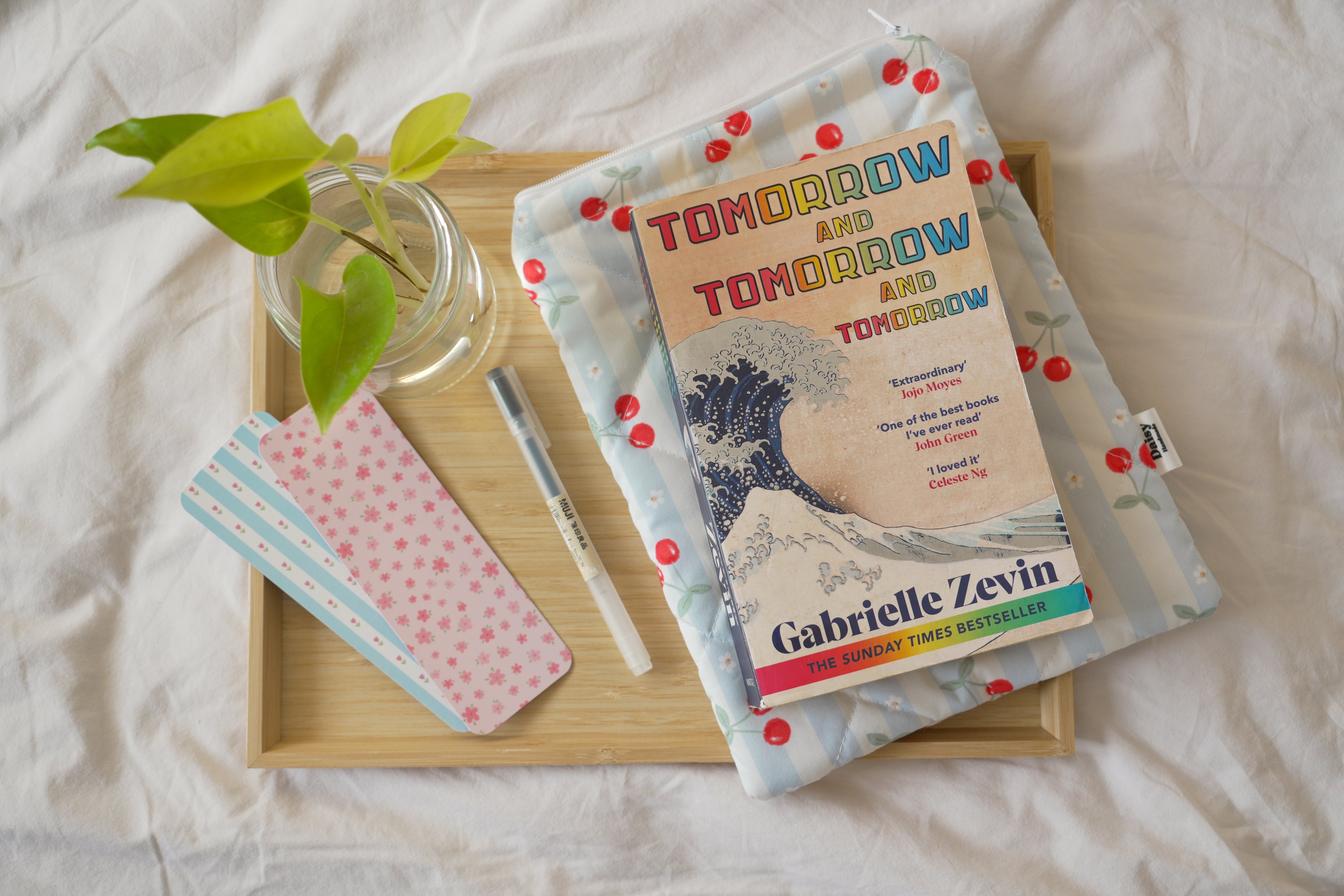 Quilted blue cherry stripe book sleeve