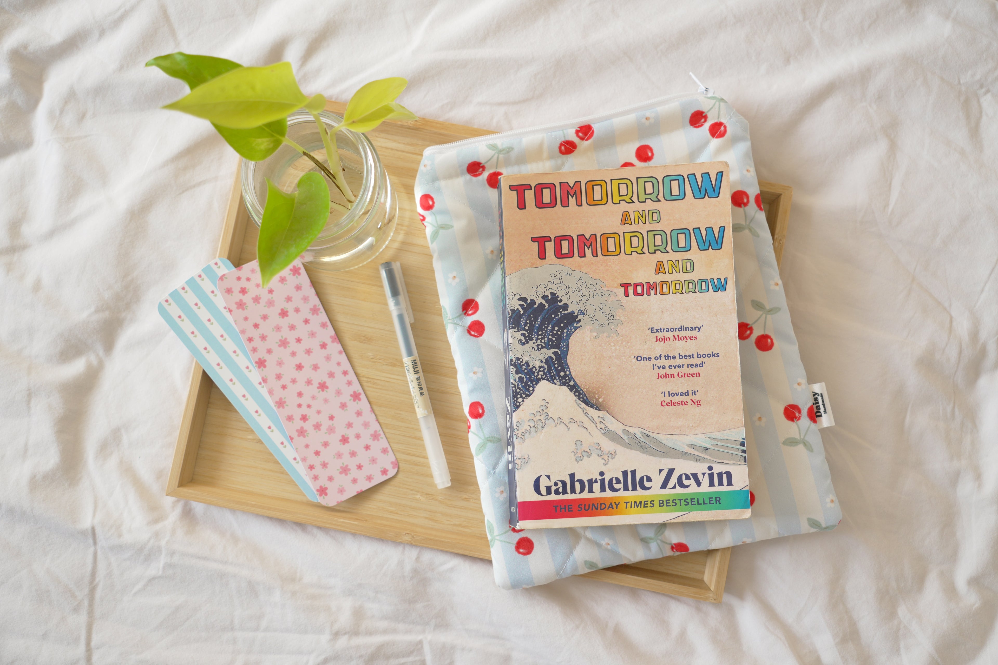 Quilted blue cherry stripe book sleeve
