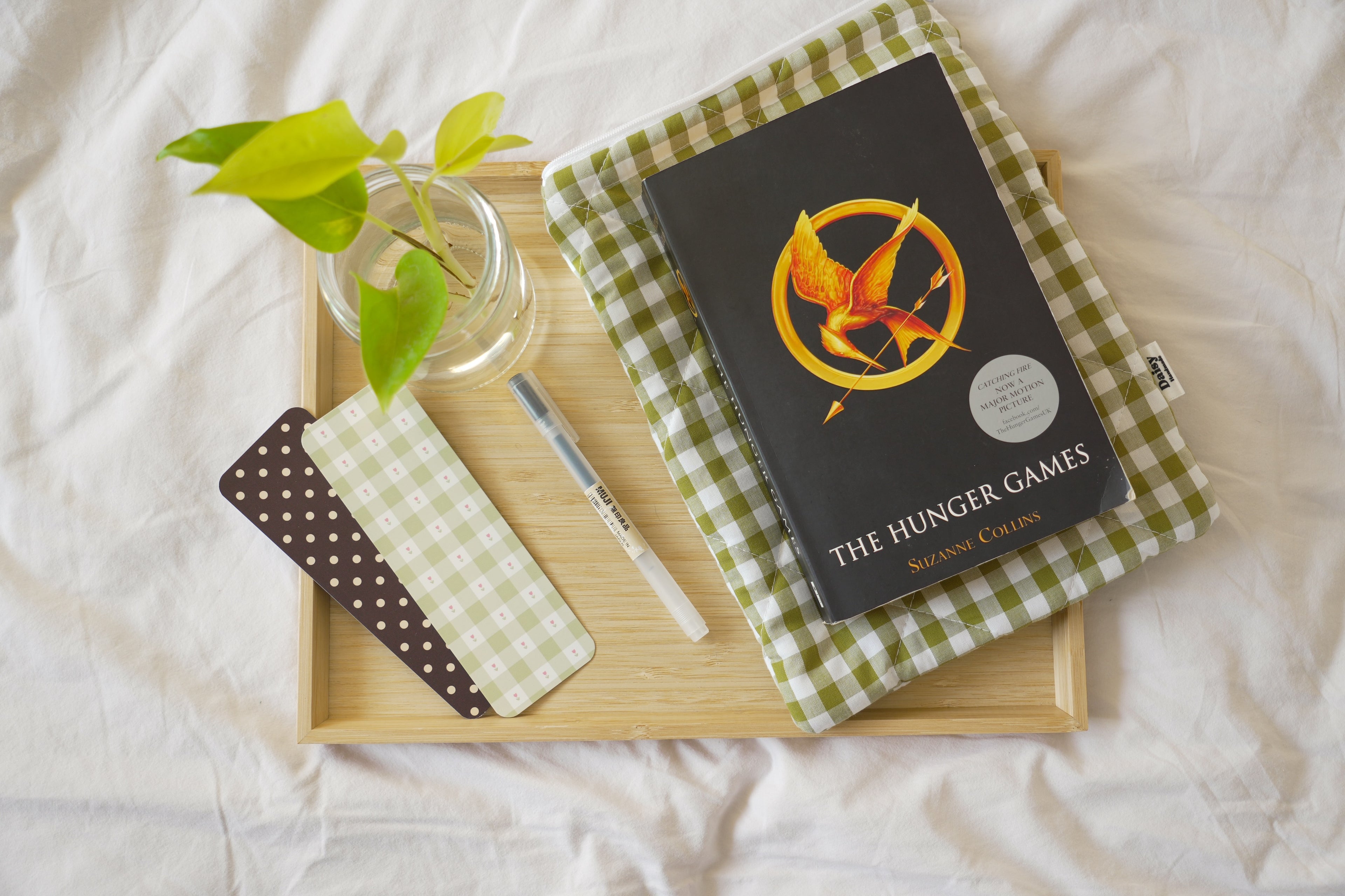 Quilted Olive green gingham book sleeve
