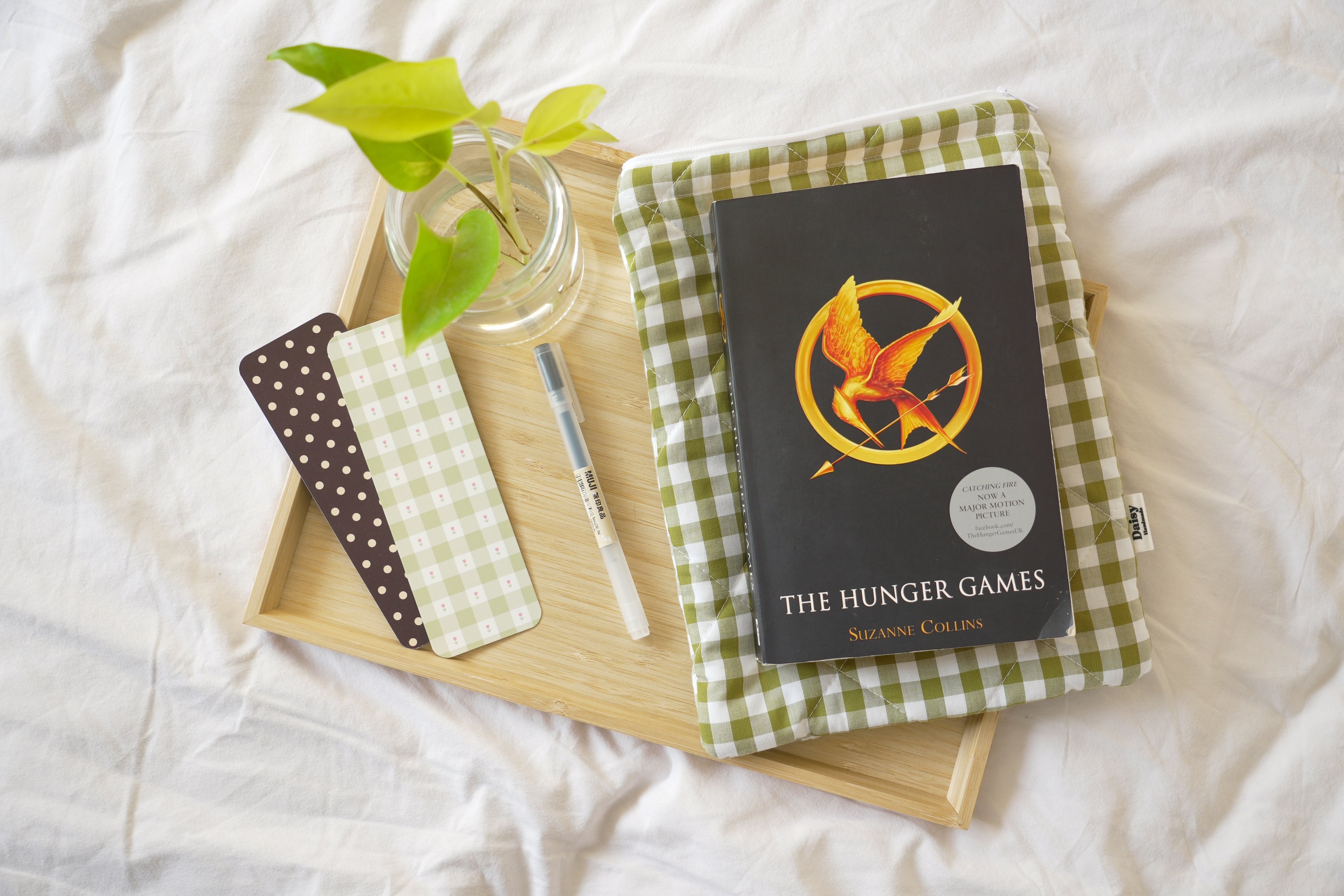 Quilted Olive green gingham book sleeve