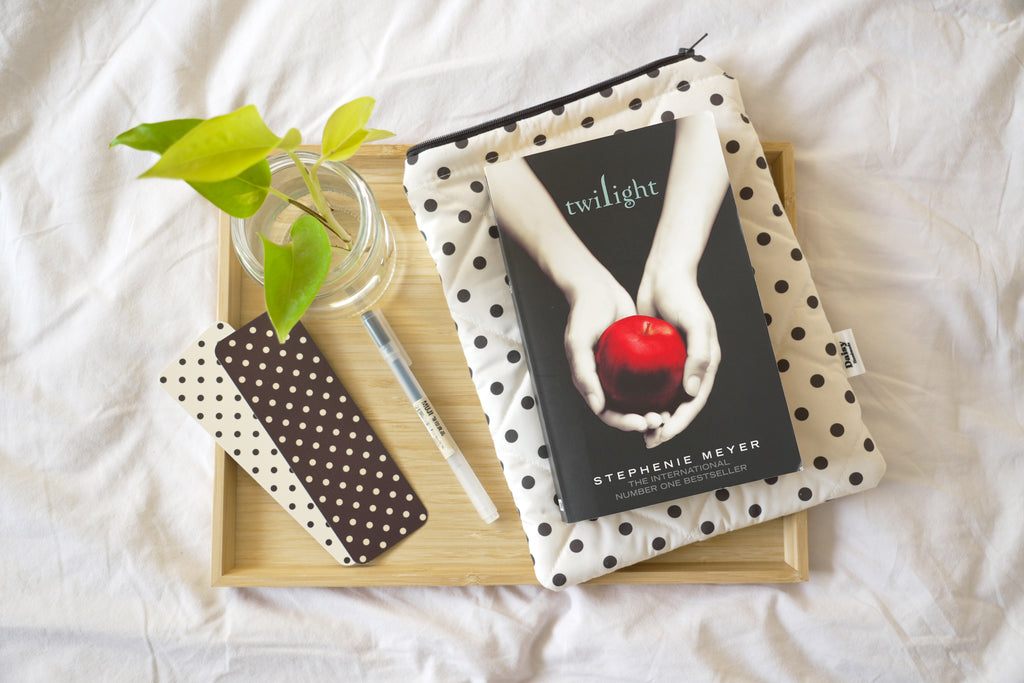 Quilted ivory and brown polka dot book sleeve