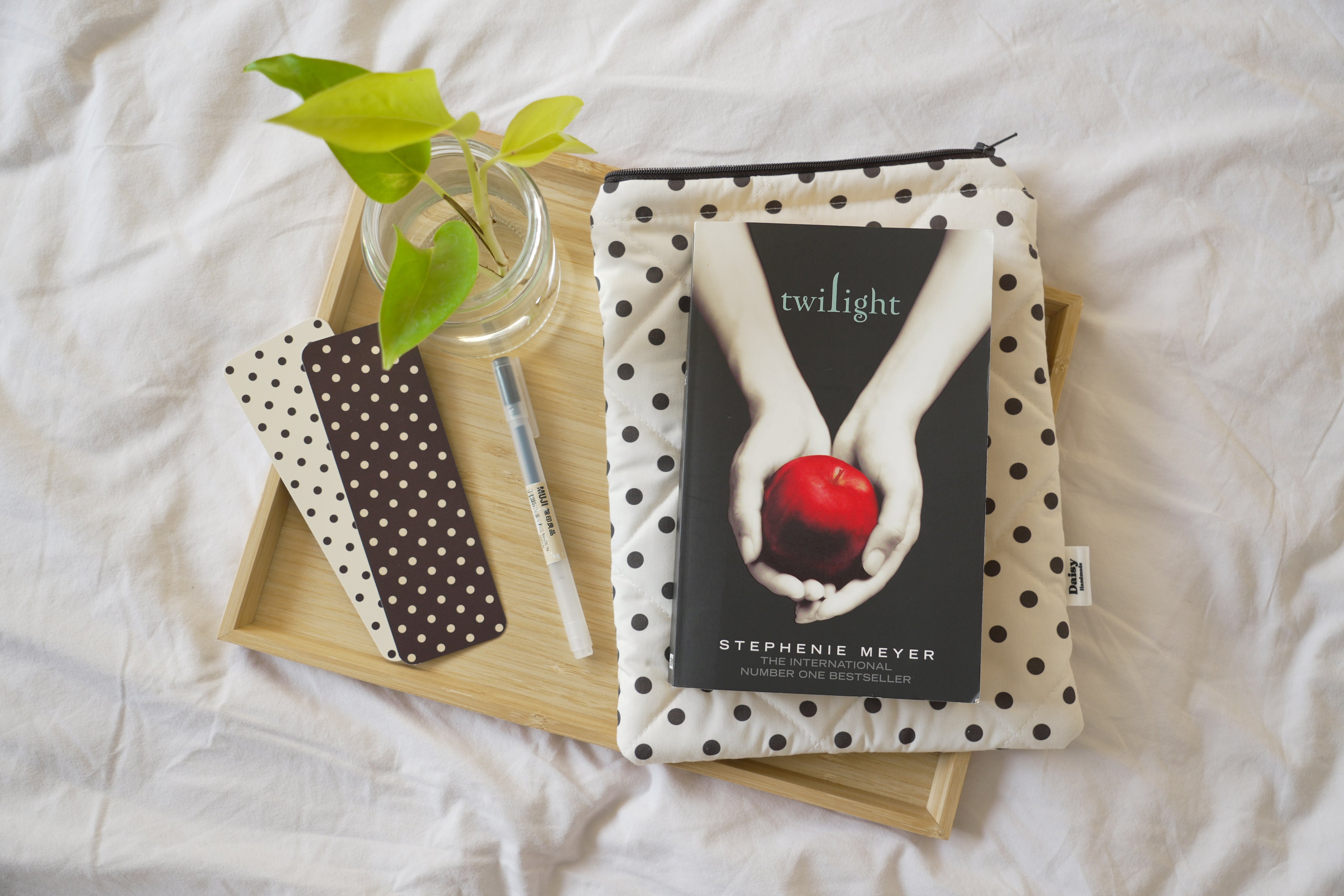 Quilted ivory and brown polka dot book sleeve