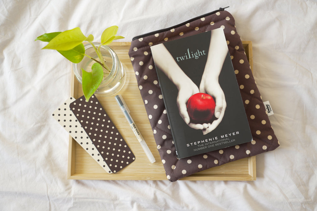 Quilted brown and yellow polka dot book sleeve